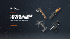 POD X XF132 axe, olive wood folding knife, 16-in-1 multitool and Multi-Tool Hatchet, with the headline 'Camp Knife & Axe Guide: Pick the Right Blade'.