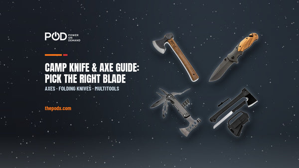 POD X XF132 axe, olive wood folding knife, 16-in-1 multitool and Multi-Tool Hatchet, with the headline 'Camp Knife & Axe Guide: Pick the Right Blade'.