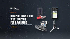 POD X XTREME jump starter, Fusion solar power bank, Bat Beam headlamp and Port-A-Bull light, with the headline 'Camping Power Kit: What to Pack for a Weekend'.