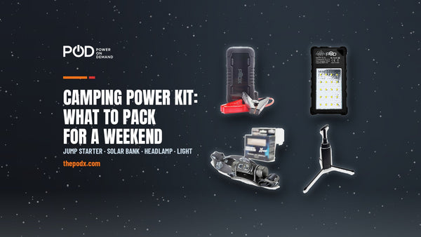POD X XTREME jump starter, Fusion solar power bank, Bat Beam headlamp and Port-A-Bull light, with the headline 'Camping Power Kit: What to Pack for a Weekend'.