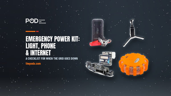 POD X XTREME jump starter, Port-A-Bull light, Bat Beam headlamp and LED road flare, with the headline 'Emergency Power Kit: Light, Phone & Internet'.
