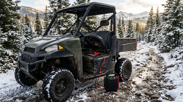 Side-by-side UTV on a snowy trail with a jump starter plugged into a quick-connect tender lead
