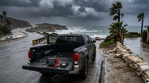 Rain-soaked Southern California coastal road with a truck and emergency kit during an atmospheric river storm