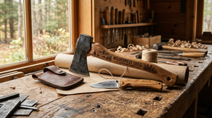 Engraved forged axe with leather sheath and an olive wood folding knife on a workbench, gift wrapped