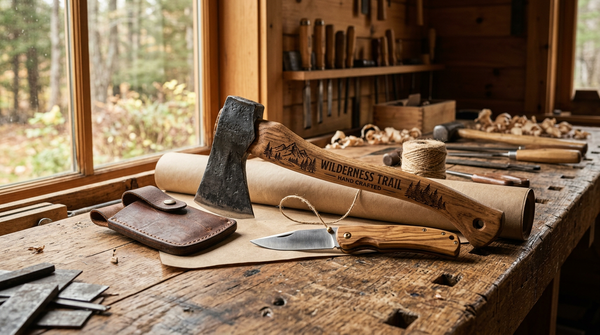 Engraved forged axe with leather sheath and an olive wood folding knife on a workbench, gift wrapped