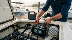 Jump starting a boat outboard at the dock with a compact lithium jump starter, engine hatch open
