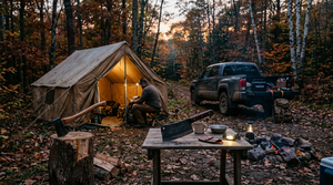 Hunting camp at dusk with a forged axe, cleaver, headlamp and a truck with a jump starter on the tailgate