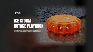 POD X LED Road Flare glowing red on wet, icy pavement, with the headline 'Ice storm outage playbook'.