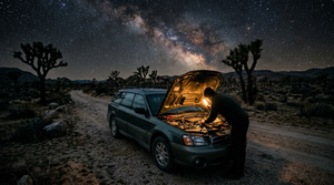 Desert road at night in Joshua Tree with a car's hood open under a starry sky