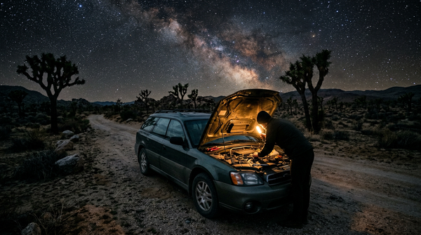 Desert road at night in Joshua Tree with a car's hood open under a starry sky