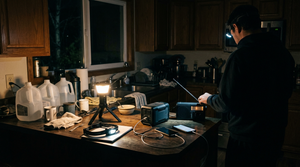 Family kitchen during a power outage lit by a tripod LED area light with a jump starter charging phones
