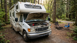 Class C motorhome at a campsite with the hood open and a portable jump starter on the chassis battery