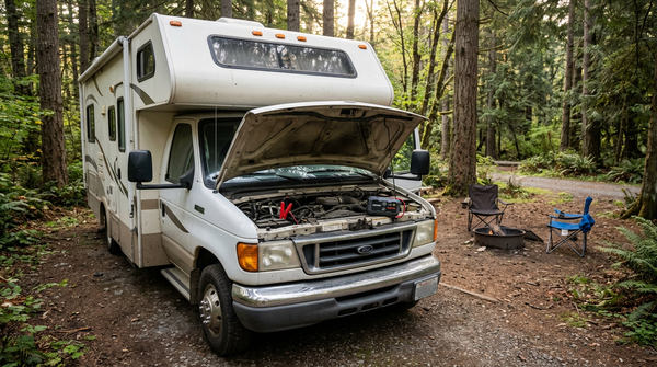 Class C motorhome at a campsite with the hood open and a portable jump starter on the chassis battery