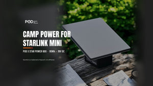 Starlink Mini dish mounted on the POD X Star Power 600 battery pack on a weathered log table outdoors, with the headline 'Camp power for Starlink Mini'.