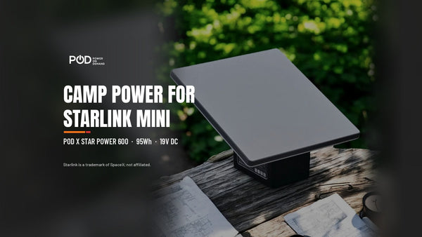 Starlink Mini dish mounted on the POD X Star Power 600 battery pack on a weathered log table outdoors, with the headline 'Camp power for Starlink Mini'.