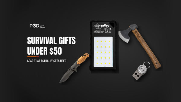 POD X Fusion solar power bank, XF132 tactical axe, olive wood folding knife and titanium survival whistle on a dark background, with the headline 'Survival gifts under $50'.