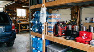 Two-week emergency kit organized on garage shelves with water, food, power and first aid