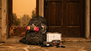 Packed wildfire evacuation go-bag by a front door with respirator, headlamp, documents pouch and jump starter