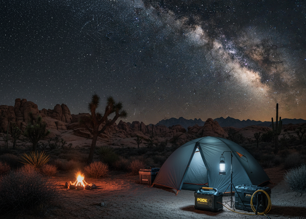 Camping scene with a tent, campfire, and Power Station under a starry sky.