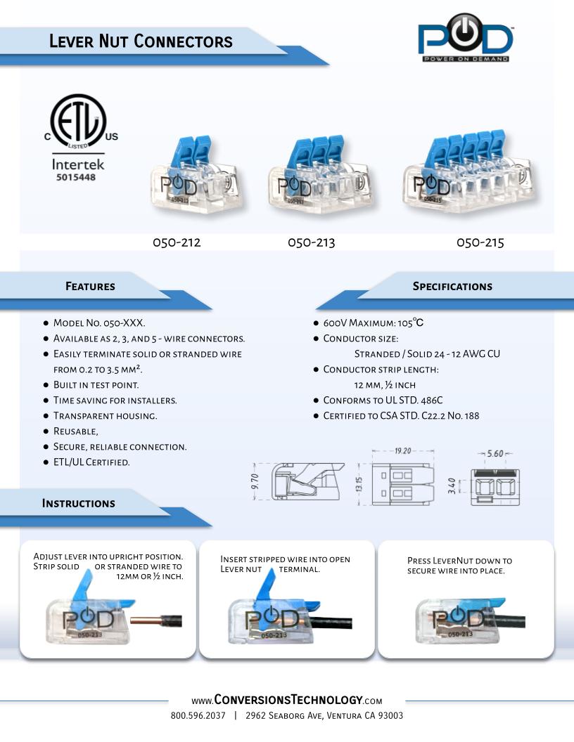 POD LeverNuts | 2, 3, or 5-wire connector  |  ETL Certified  |  24-12 AWG Stranded/Solid Splicing